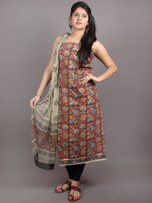 Red Blue Brown Beige Hand Block Printed Cotton Suit-Salwar Fabric With Chiffon Dupatta - S1628059