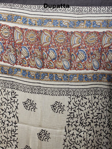 Red Blue Brown Beige Hand Block Printed Cotton Suit-Salwar Fabric With Chiffon Dupatta - S1628059