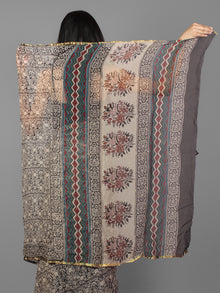 Black Beige Maroon Hand Block Printed Chiffon Saree - S031701884