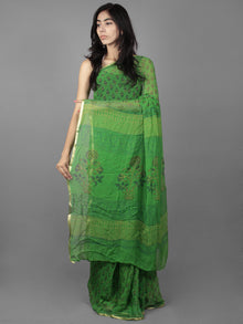 Parakeet Green Beige Black Hand Block Printed Chiffon Saree - S031701887