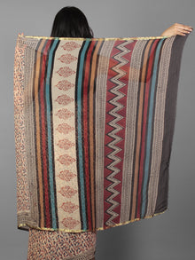 Beige Maroon Black Teal Blue Hand Block Printed Chiffon Saree - S031701892