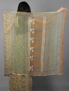 Peanut Brown Teal Green Ivory Hand Block Printed Chiffon Saree - S031701896