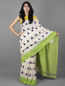 Ivory Purple Green Yellow Double Ikat Handwoven Ganga Jamuna Border Pochampally Cotton Saree - S031701910