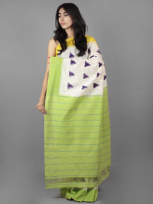 Ivory Purple Green Yellow Double Ikat Handwoven Ganga Jamuna Border Pochampally Cotton Saree - S031701910