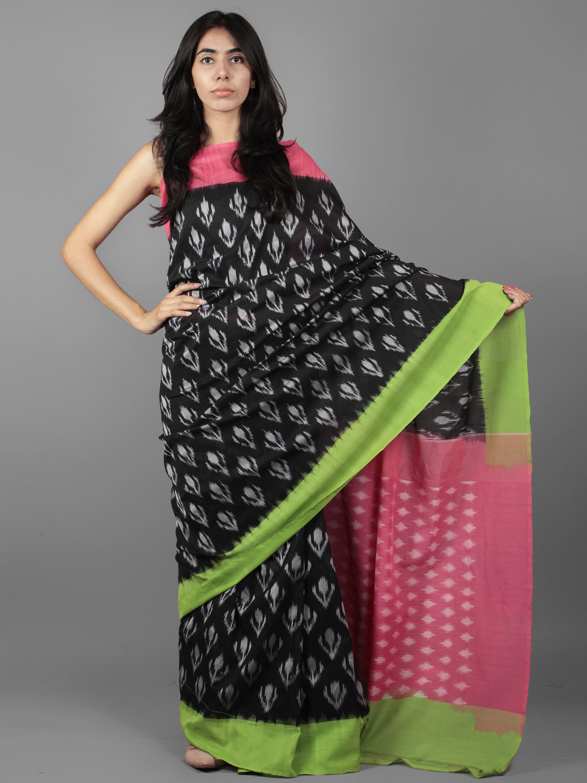 Black Pink Green Ikat Handwoven Ganga Jamuna Border Pochampally Cotton Saree - S031701911