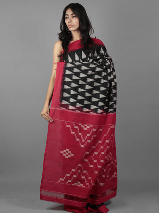 Black Grey Red Ikat Handwoven Pochampally Cotton Saree - S031701937