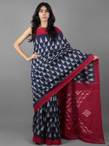 Indigo Maroon Ivory Ikat Handwoven Pochampally Cotton Saree - S031701914