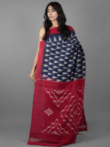 Indigo Maroon Ivory Ikat Handwoven Pochampally Cotton Saree - S031701914