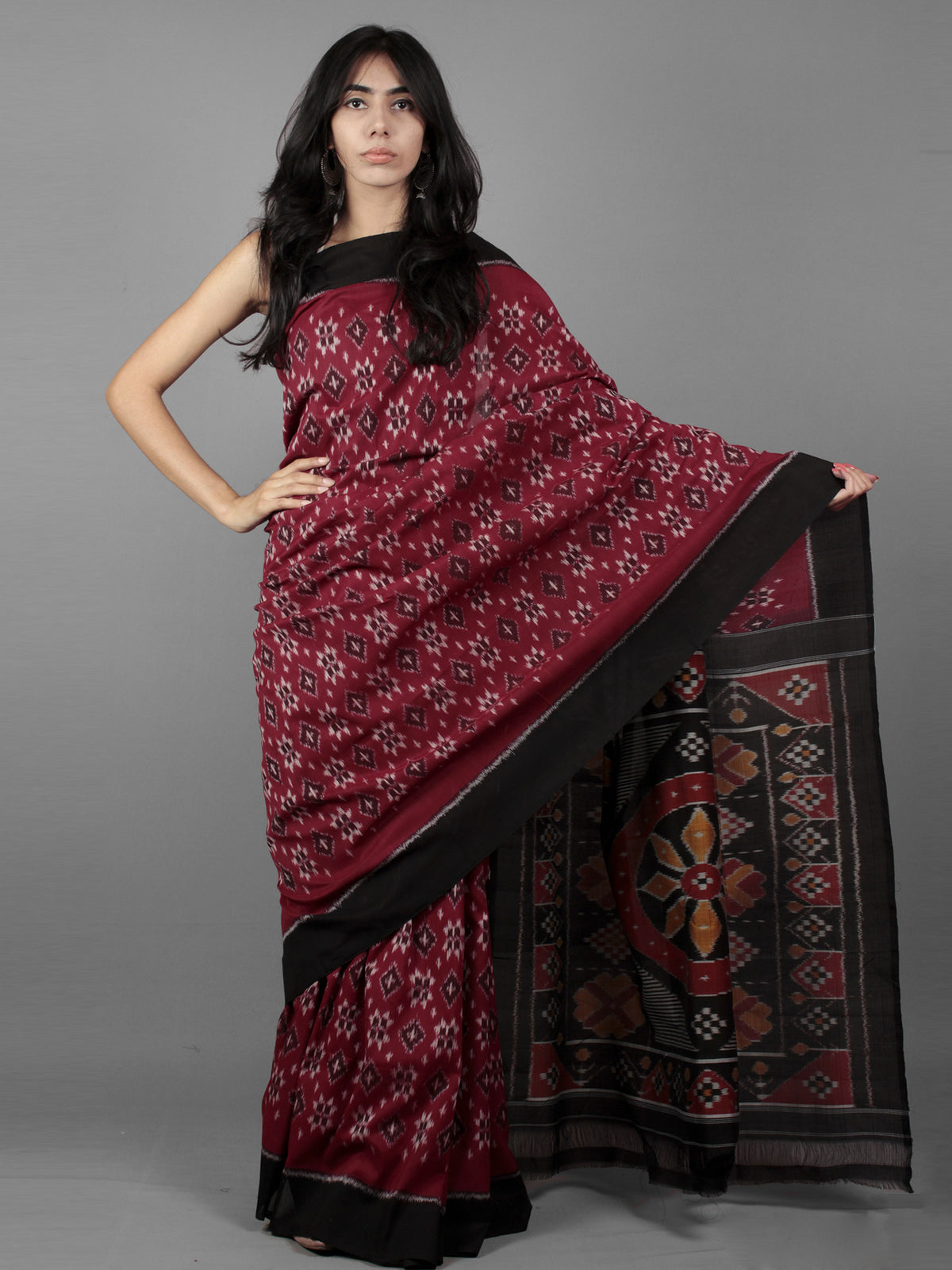 Maroon Black Ivory Orange Ikat Handwoven Cotton Saree - S031701915