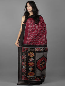 Maroon Black Ivory Orange Ikat Handwoven Cotton Saree - S031701915