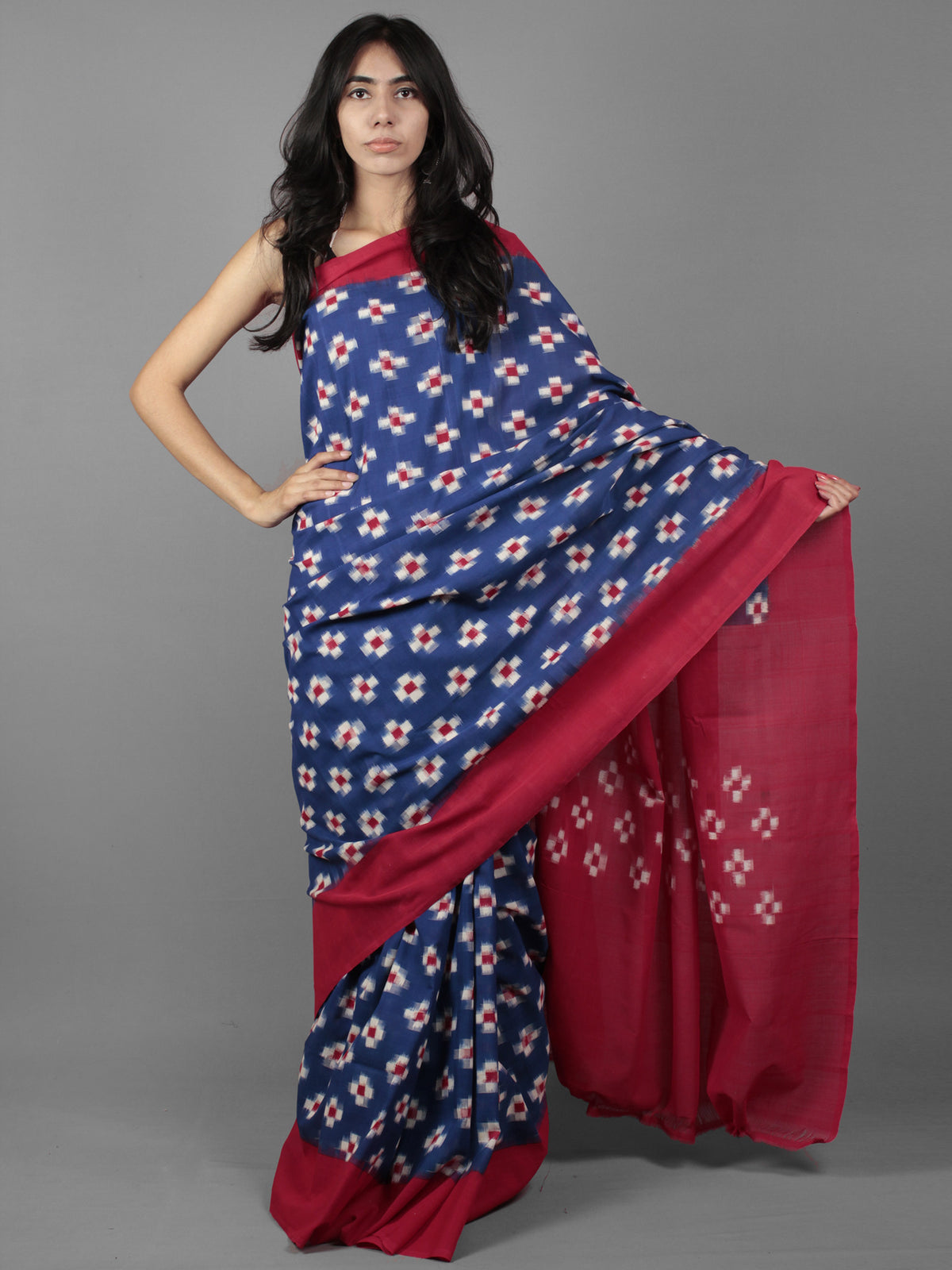 Royal Blue Maroon Ivory Double Ikat Handwoven Pochampally Cotton Saree - S031701919
