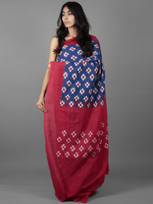 Royal Blue Maroon Ivory Double Ikat Handwoven Pochampally Cotton Saree - S031701919