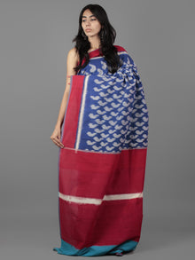 Royal Blue Ivory Maroon Ikat Handwoven Cotton Saree - S031701920
