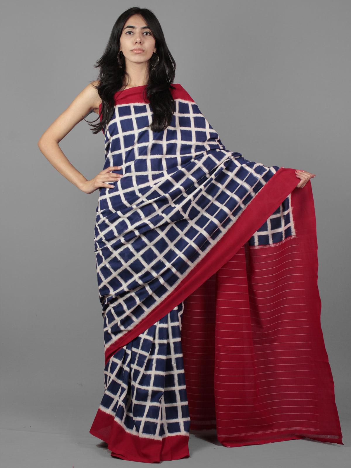 Indigo Ivory Maroon Double Ikat Handwoven Pochampally Cotton Saree - S031701921
