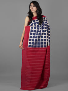 Indigo Ivory Maroon Double Ikat Handwoven Pochampally Cotton Saree - S031701921
