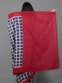 Indigo Ivory Maroon Double Ikat Handwoven Pochampally Cotton Saree - S031701921