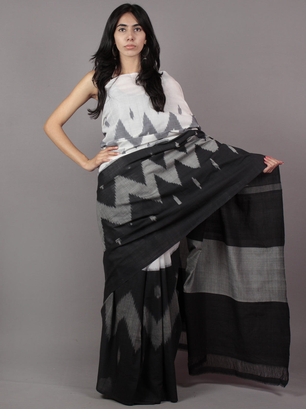 Ivory Black Grey Ikat Handwoven Pochampally Mercerized Cotton Saree - S031701922