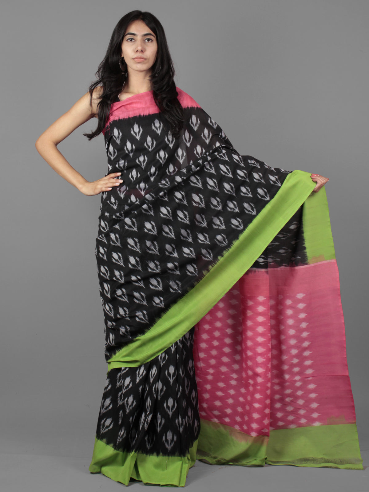 Black Pink Green Grey Ikat Handwoven Ganga Jamuna Border Cotton Saree - S031701925