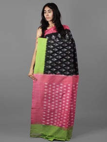 Black Pink Green Grey Ikat Handwoven Ganga Jamuna Border Cotton Saree - S031701925