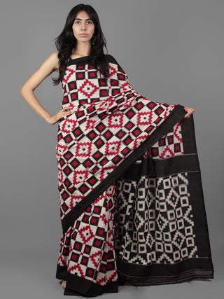 Ivory Black Red Telia Rumal Double Ikat Handwoven Pochampally Mercerized Cotton Saree - S031701927