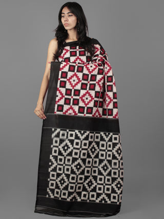 Ivory Black Red Telia Rumal Double Ikat Handwoven Pochampally Mercerized Cotton Saree - S031701927