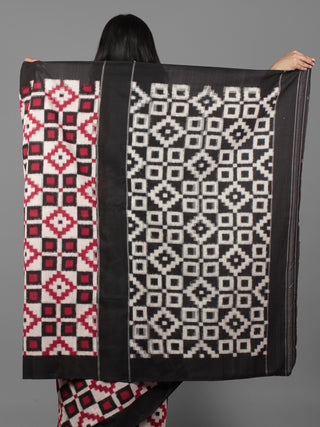 Ivory Black Red Telia Rumal Double Ikat Handwoven Pochampally Mercerized Cotton Saree - S031701927
