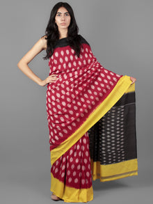 Maroon Yellow Black Ivory Ikat Handwoven Ganga Jamuna Border Pochampally Cotton Saree - S031701928