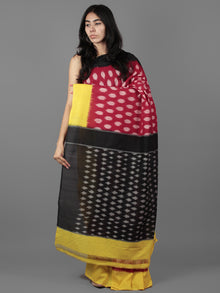 Maroon Yellow Black Ivory Ikat Handwoven Ganga Jamuna Border Pochampally Cotton Saree - S031701928