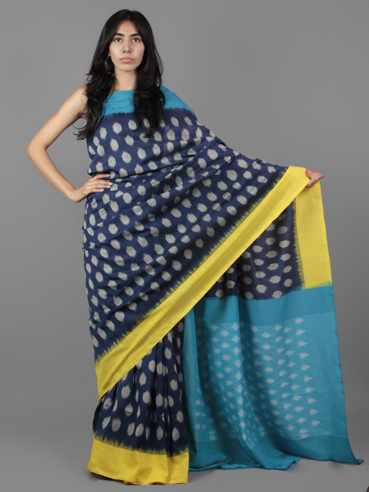 Indigo Pastel Yellow Teal Blue Ikat Handwoven Ganga Jamuna Border Pochampally Cotton Saree - S031701929