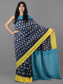 Indigo Pastel Yellow Teal Blue Ikat Handwoven Ganga Jamuna Border Pochampally Cotton Saree - S031701929