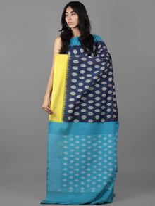 Indigo Pastel Yellow Teal Blue Ikat Handwoven Ganga Jamuna Border Pochampally Cotton Saree - S031701929