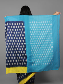 Indigo Pastel Yellow Teal Blue Ikat Handwoven Ganga Jamuna Border Pochampally Cotton Saree - S031701929