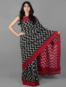 Black Ivory Maroon Double Ikat Handwoven Pochampally Cotton Saree - S031701931