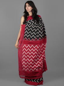 Black Ivory Maroon Double Ikat Handwoven Pochampally Cotton Saree - S031701931