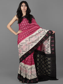 Dark Pink Ivory Black Grey Ikat Handwoven Pochampally Mercerized Cotton Saree - S031701933