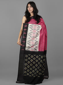 Dark Pink Ivory Black Grey Ikat Handwoven Pochampally Mercerized Cotton Saree - S031701933