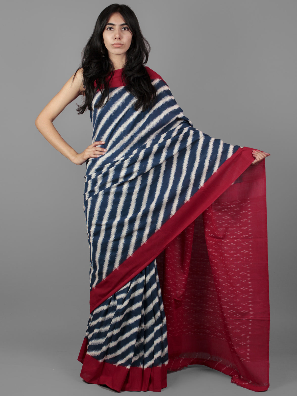 Deep Indigo Ivory Maroon Double Ikat Handwoven Pochampally Cotton Saree - S031701934