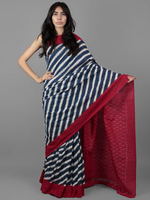 Deep Indigo Ivory Maroon Double Ikat Handwoven Pochampally Cotton Saree - S031701934