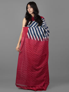 Deep Indigo Ivory Maroon Double Ikat Handwoven Pochampally Cotton Saree - S031701934