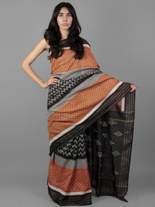 Rust Black Ivory Grey Ikat Handwoven Pochampally Cotton Saree With Zari Border - S031701935