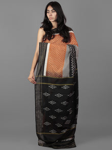 Rust Black Ivory Grey Ikat Handwoven Pochampally Cotton Saree With Zari Border - S031701935