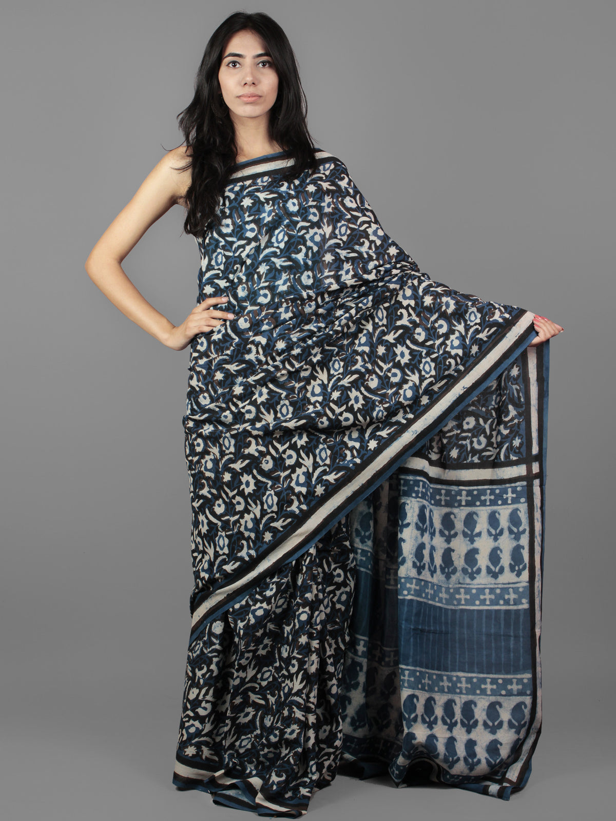 Indigo Ivory Black Bagru Dabu Hand Block Printed in Cotton Mul Saree - S031701947
