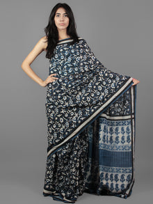Indigo Ivory Black Bagru Dabu Hand Block Printed in Cotton Mul Saree - S031701947