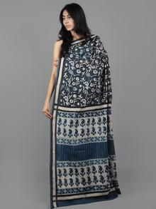 Indigo Ivory Black Bagru Dabu Hand Block Printed in Cotton Mul Saree - S031701947