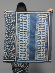 Indigo Ivory Black Bagru Dabu Hand Block Printed in Cotton Mul Saree - S031701947