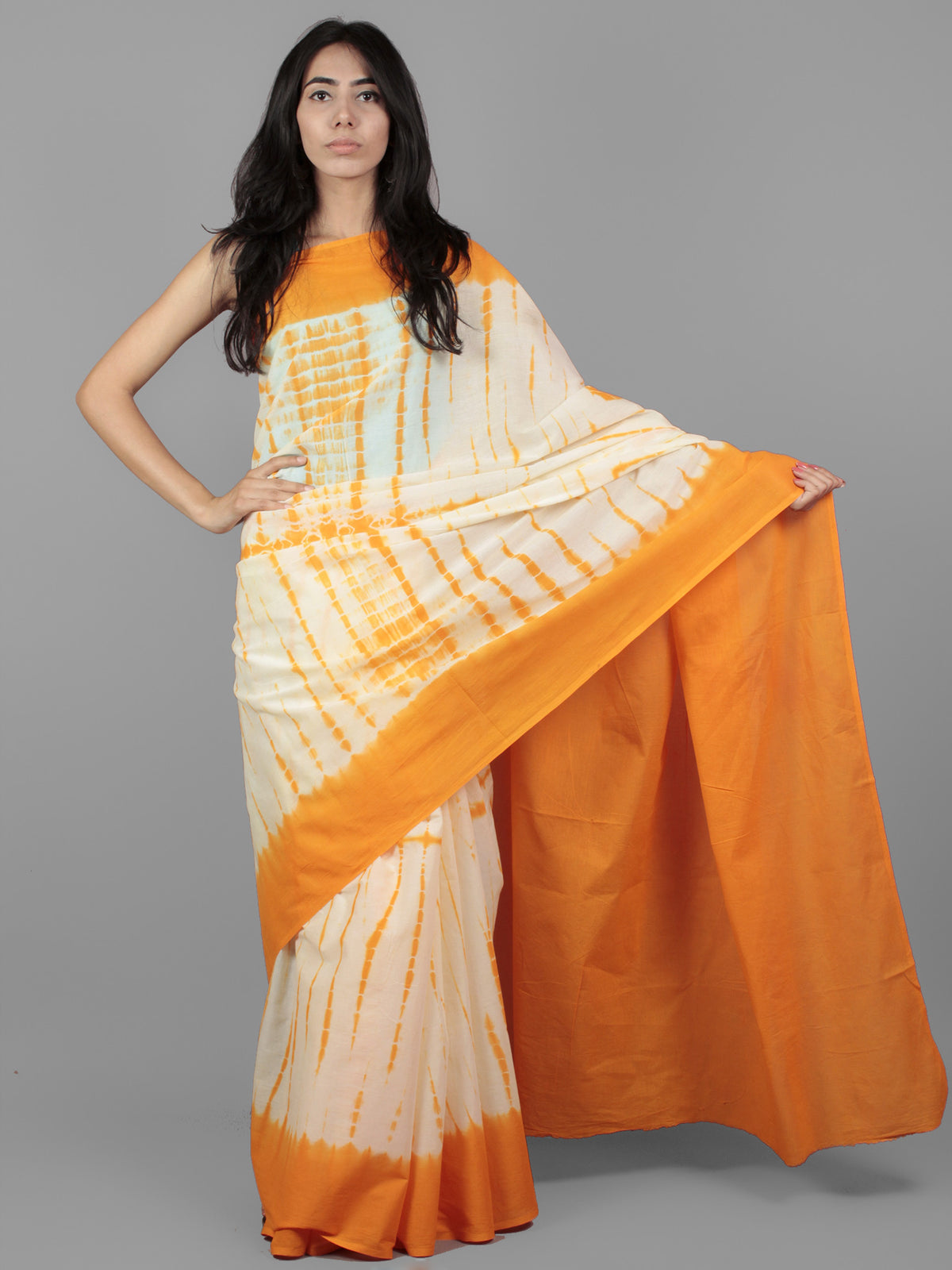 Orange Ivory Hand Shibori Dyed Cotton Mul Saree  - S031701954