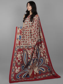 Beige Maroon Blue Hand Block Printed in Cotton Mul Saree With Kalamkaari Pallu - S031701955