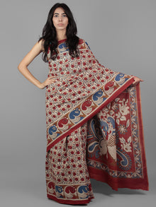 Beige Maroon Blue Hand Block Printed in Cotton Mul Saree With Kalamkaari Pallu - S031701955