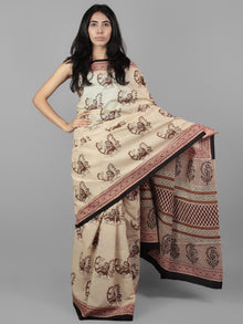 Beige Brown Black Maroon Hand Block Printed Cotton Mul Saree - S031701957