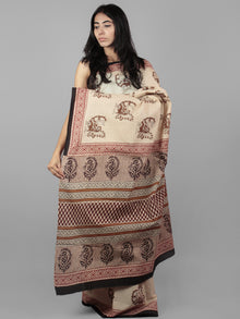 Beige Brown Black Maroon Hand Block Printed Cotton Mul Saree - S031701957
